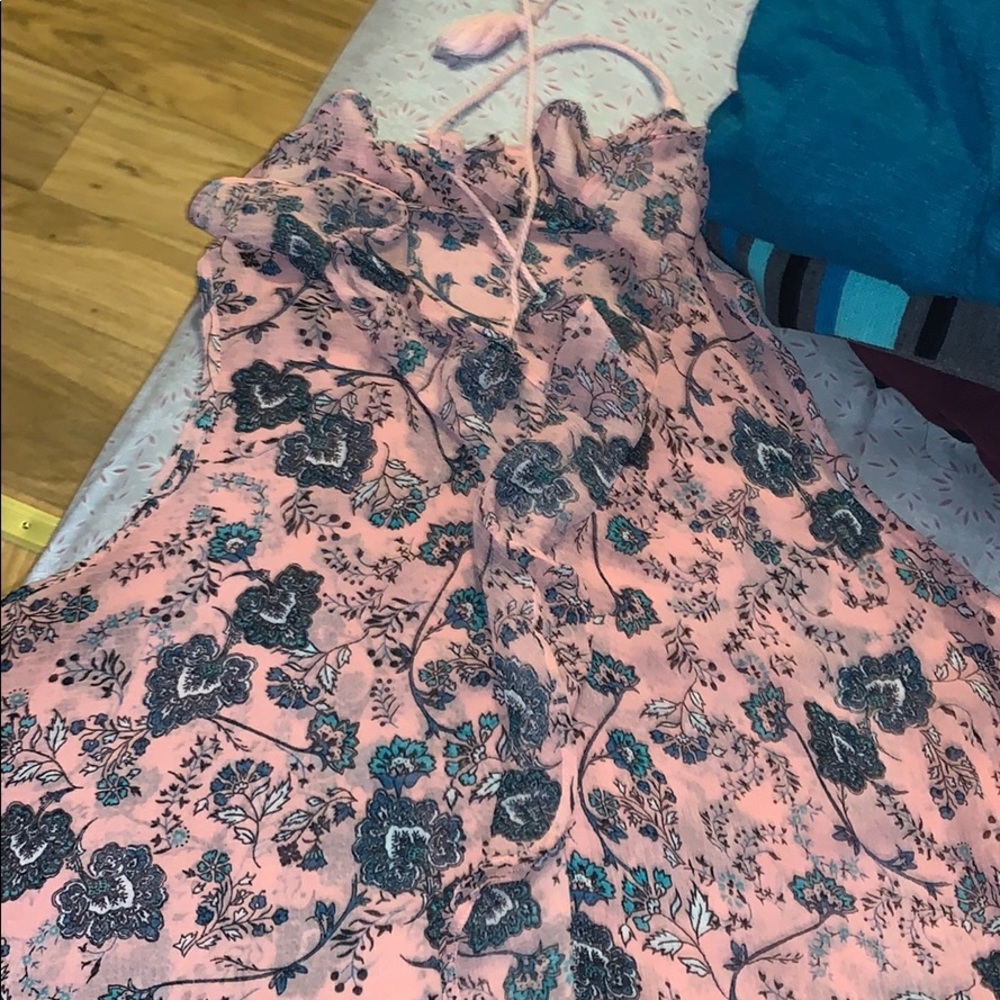 Light pink with blue green blouse